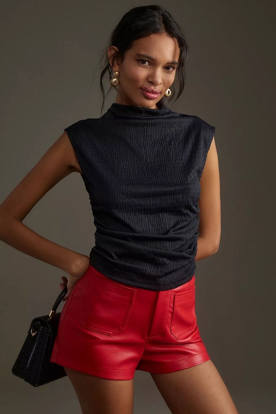 Maeve by Anthropologie Textured Mock Neck Ruched Green muscle tee Tank Small NEW - Picture 2 of 9